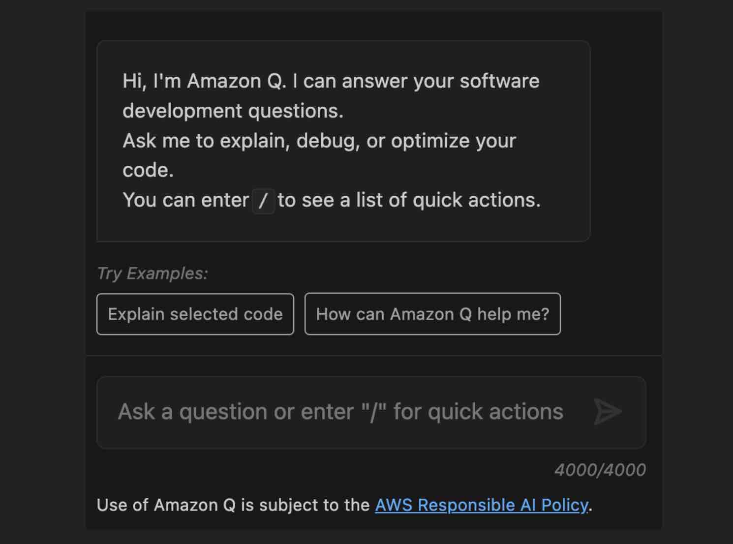 screenshot of amazon q running inside vs code.  ask a question or enter slash for quick actions