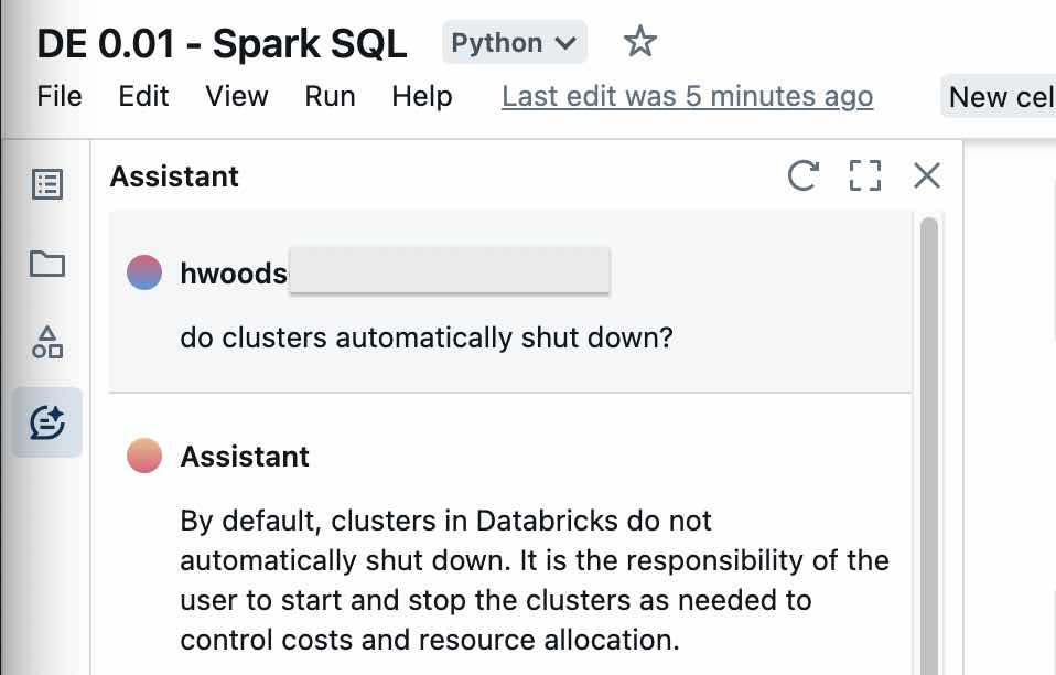 screenshot of databricks assistant answering the question: do clusters automatically shut down