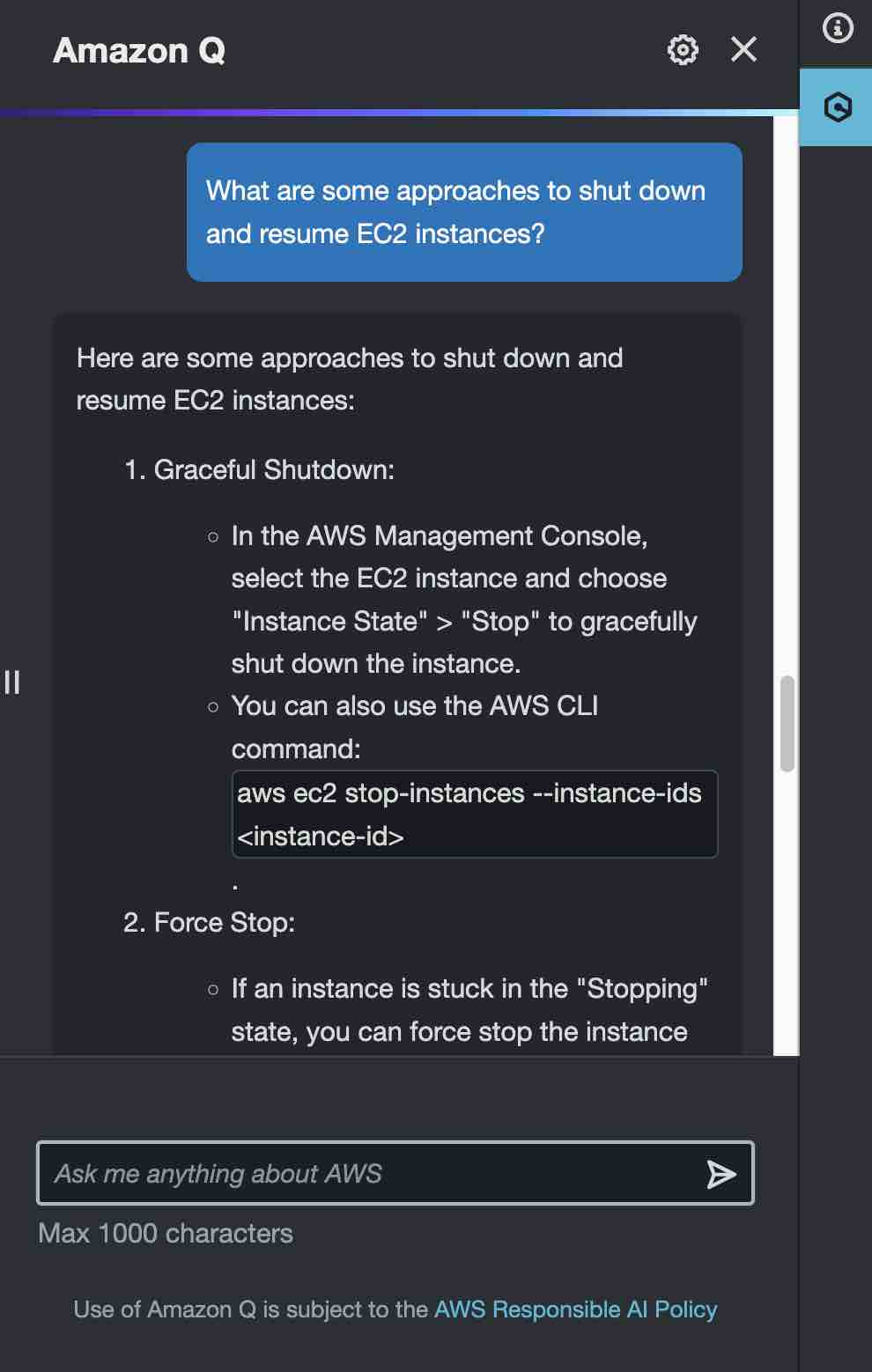 Screenshot of amazon q prompt and response at the aws console