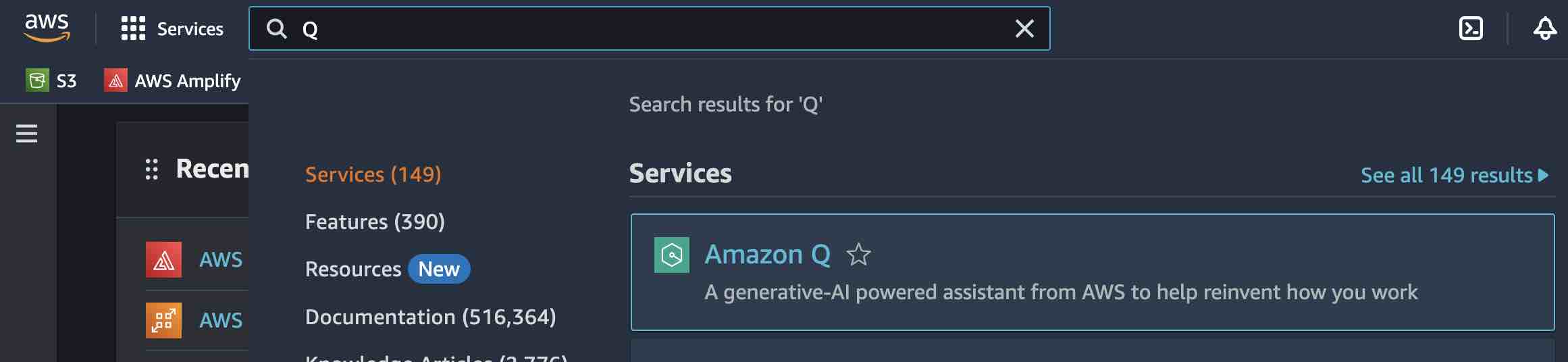 Screenshot of searching for amazon q at the aws console